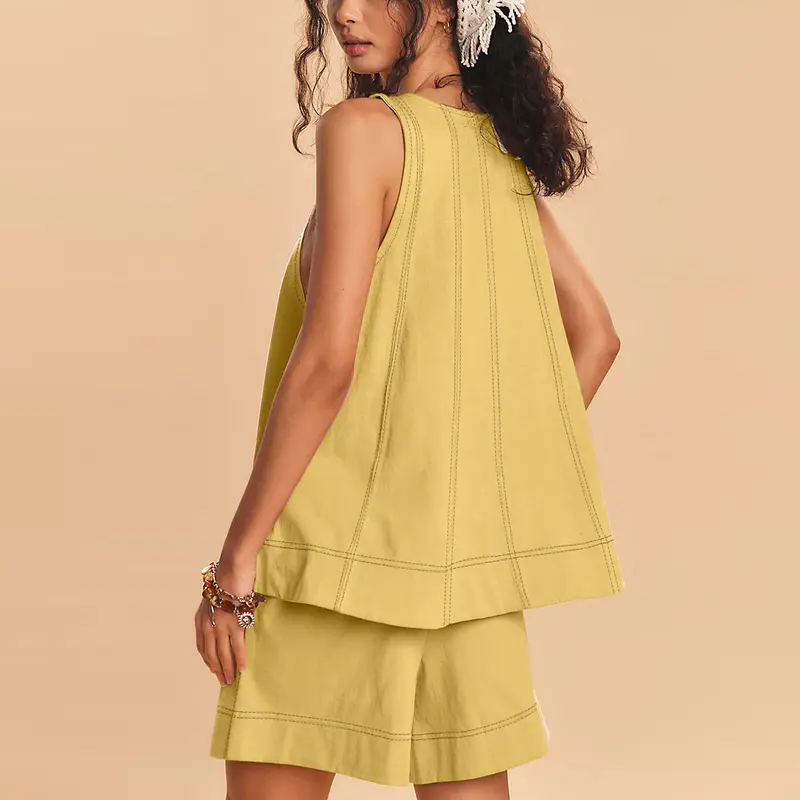 SCUSTY Women's 2-Piece Sleeveless Outfits SetA-Line Tank Tops Paired with High-Waist Shortswith Pockets