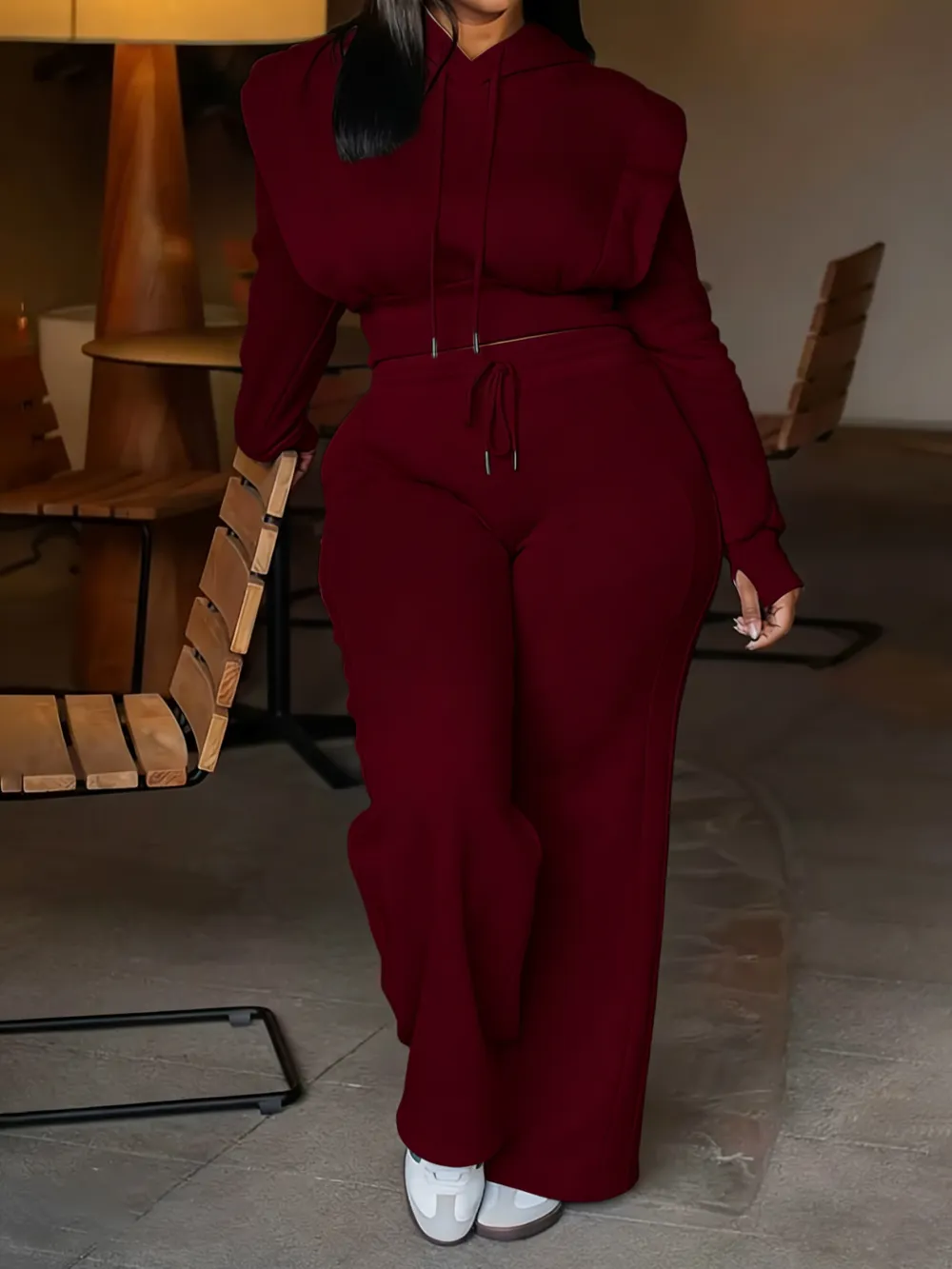 Women’s Hooded Sweatshirt & Wide-Leg Pants Set – Slim Fit, Casual Sportswear