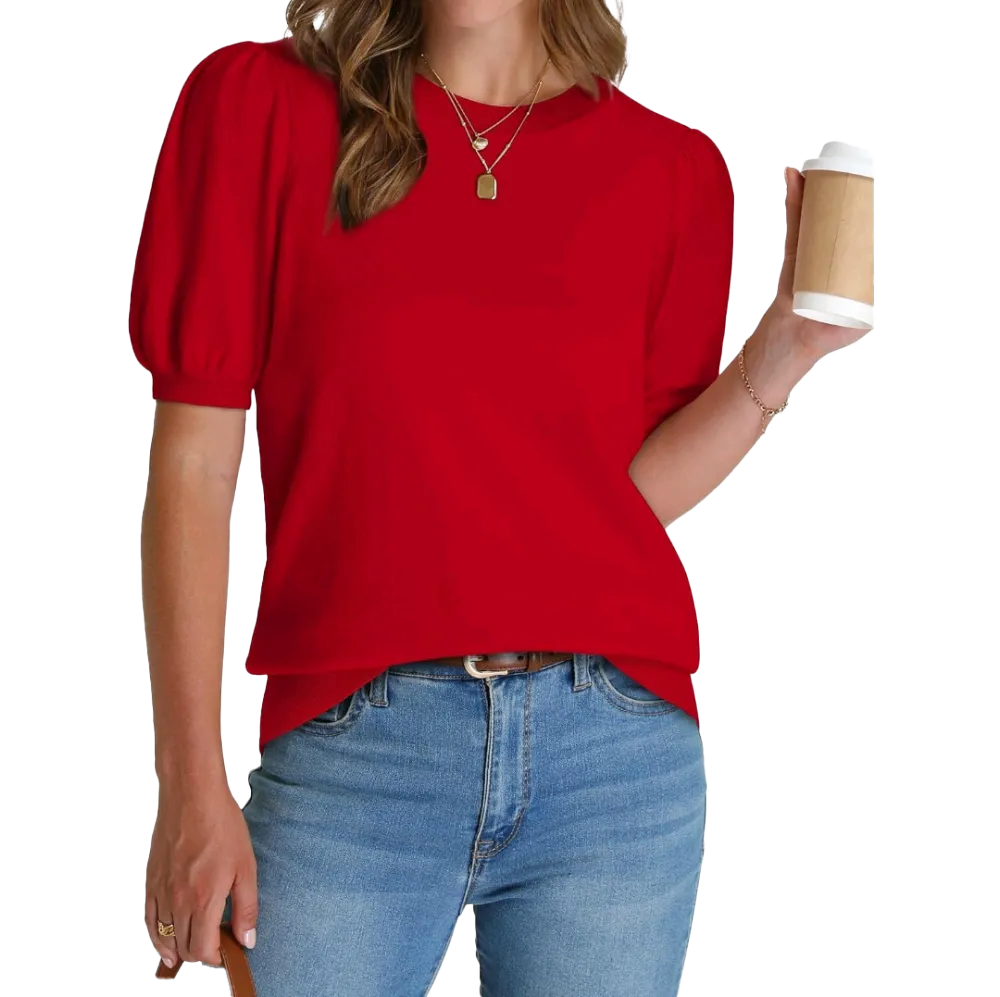 OFEEFAN Women's Puff Short Sleeve Sweater – 2025 Spring/Summer Trendy Business Casual Work Blouse