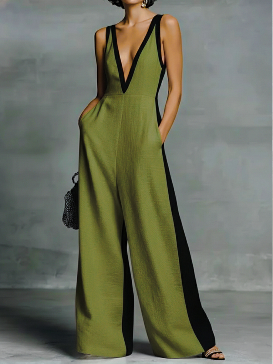 Patchwork Linen And Cotton Sleeveless Jumpsuit