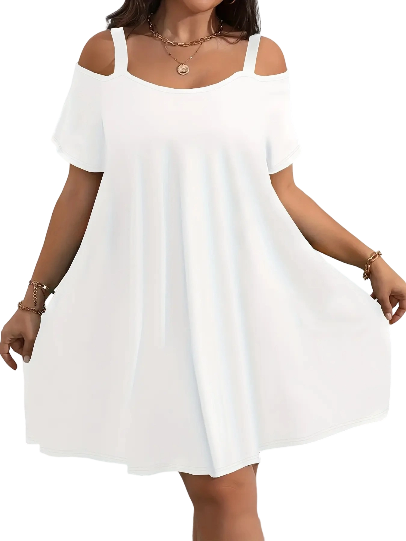 Plus Size Women's Round Neck Short Sleeve Shoulder Cut Out Fitted Casual Midi Dress