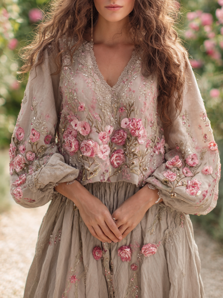 Bohemian Style Breast Cancer Awareness Pink Plant Flower Series Medieval Romantic Vintage V-neck Long-sleeved Top