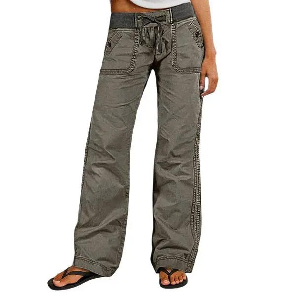 Women's Solid Seam Detail Drawstring Mid Rise Straight Leg Pants High Stretch Fabric