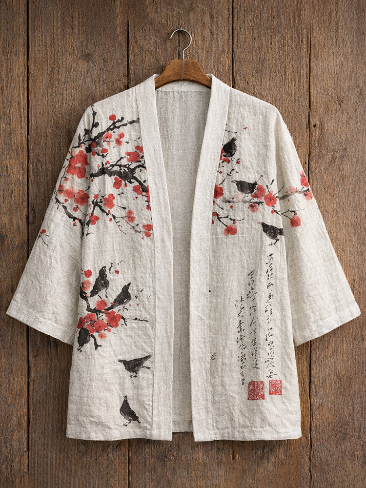 Men's Vintage Plum Blossoms Japanese Art Linen Blend Kimono Cardigan