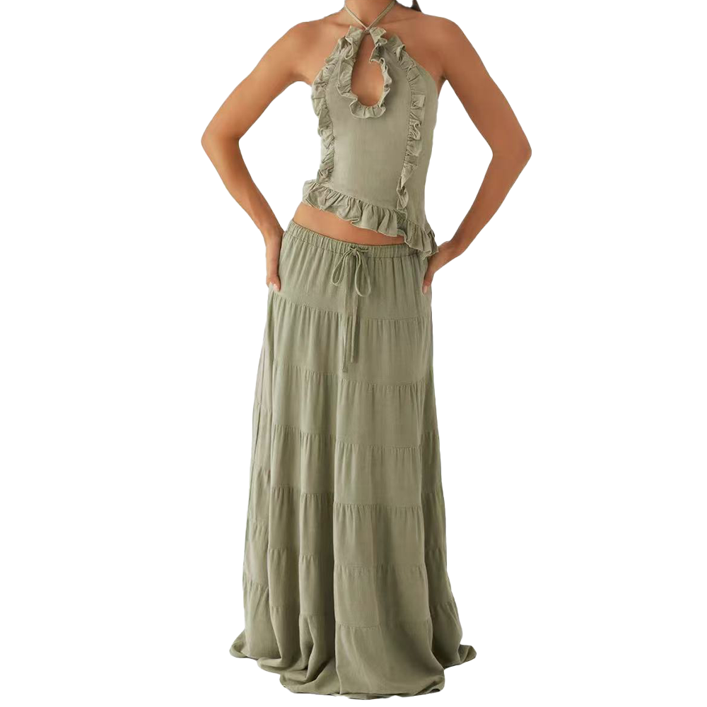 Y2K Women 2-Piece Maxi Skirt Set – Lace Short Sleeve Top & Tiered Ruffle Long Skirt – Sheer Beachy Boho Outfits