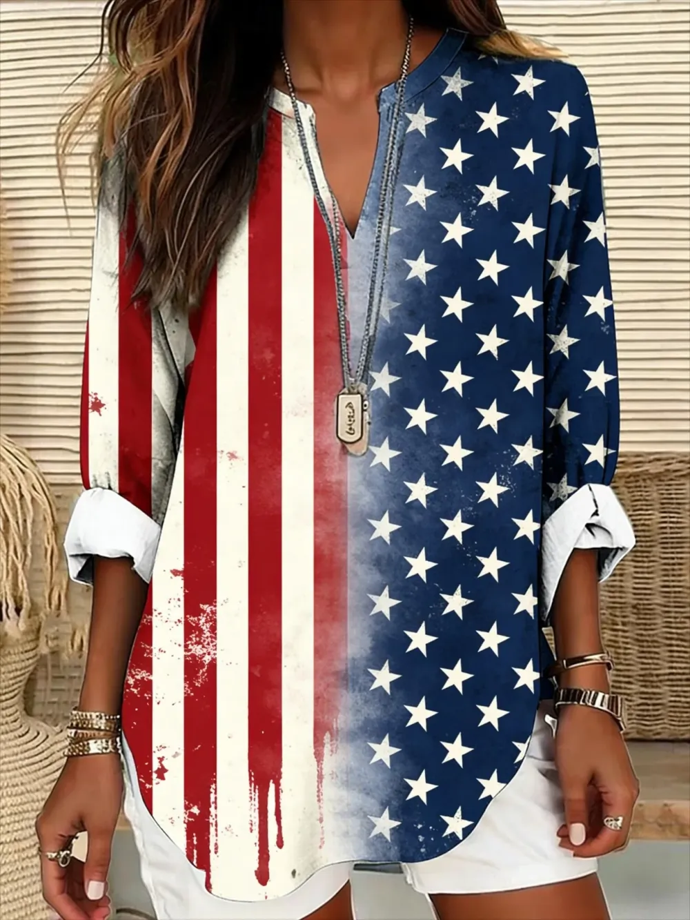 V Neck Long Sleeve America Flag Printing Regular Loose Blouse For Women