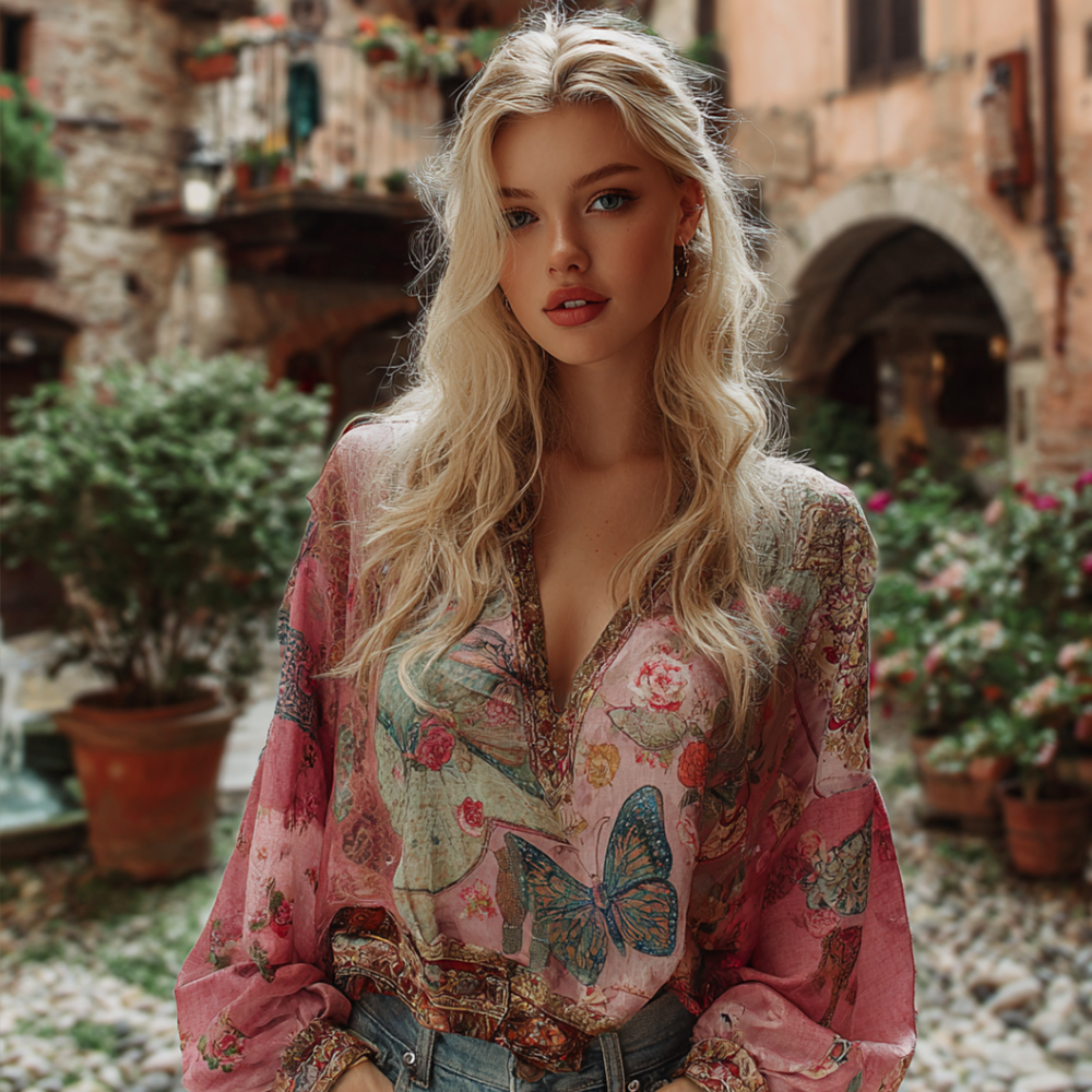 Women's Butterfly And Rose Art Pink Lightweight V-neck Top