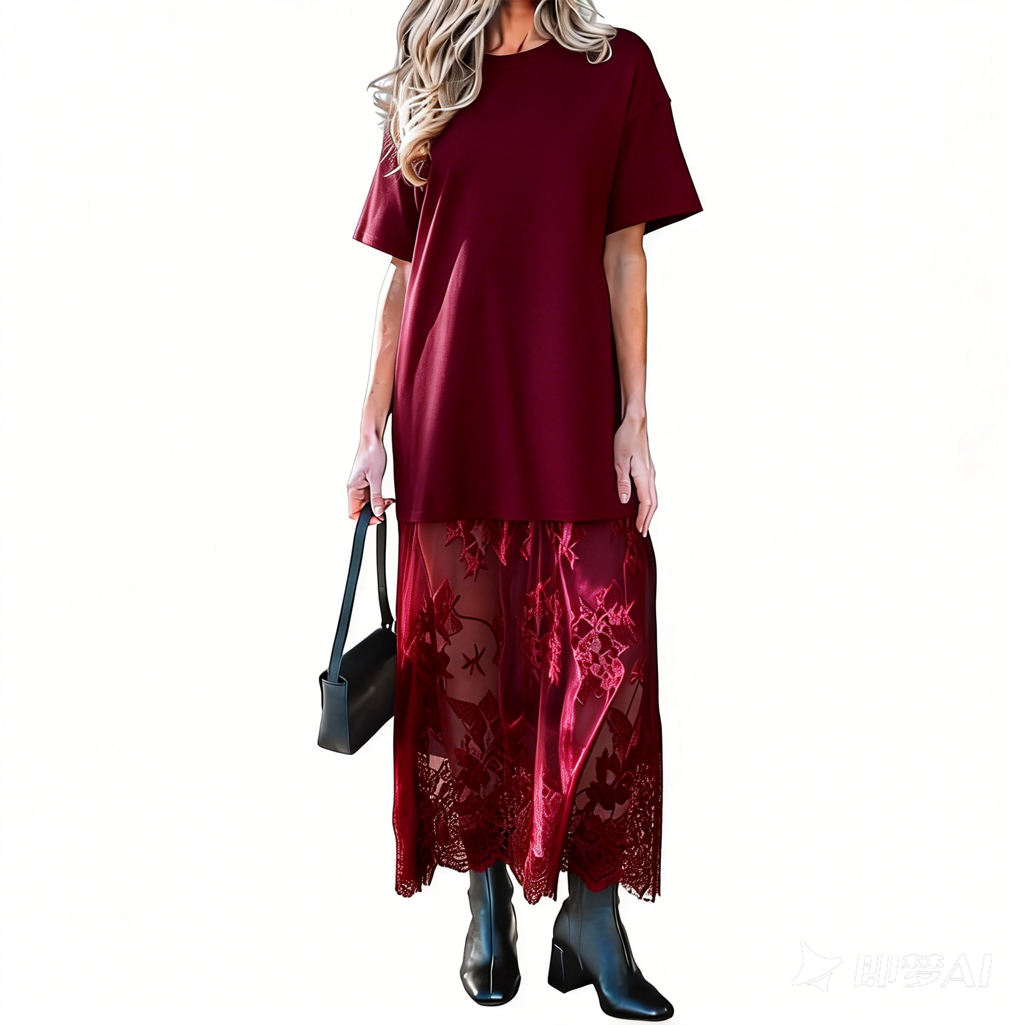 Women's Oversized T-Shirt Maxi Dress Sheer Lace Hem Drop Shoulder Short