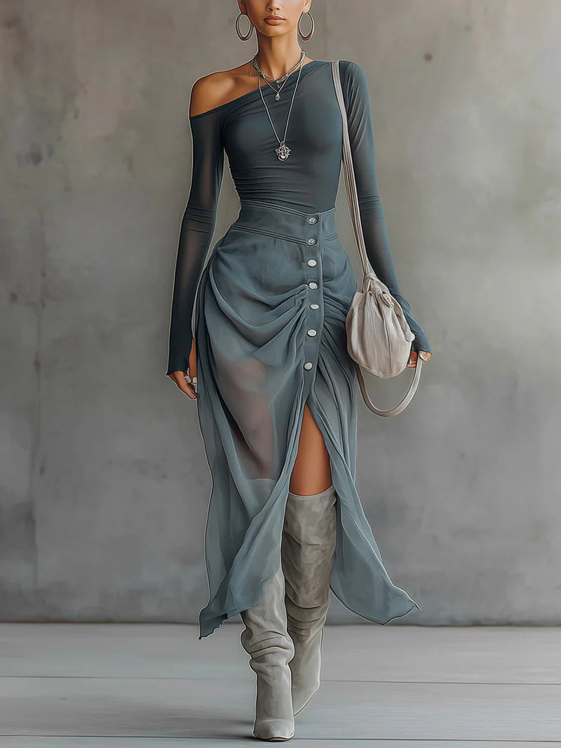 Blue chiffon stretch off-shoulder slit maxi dress