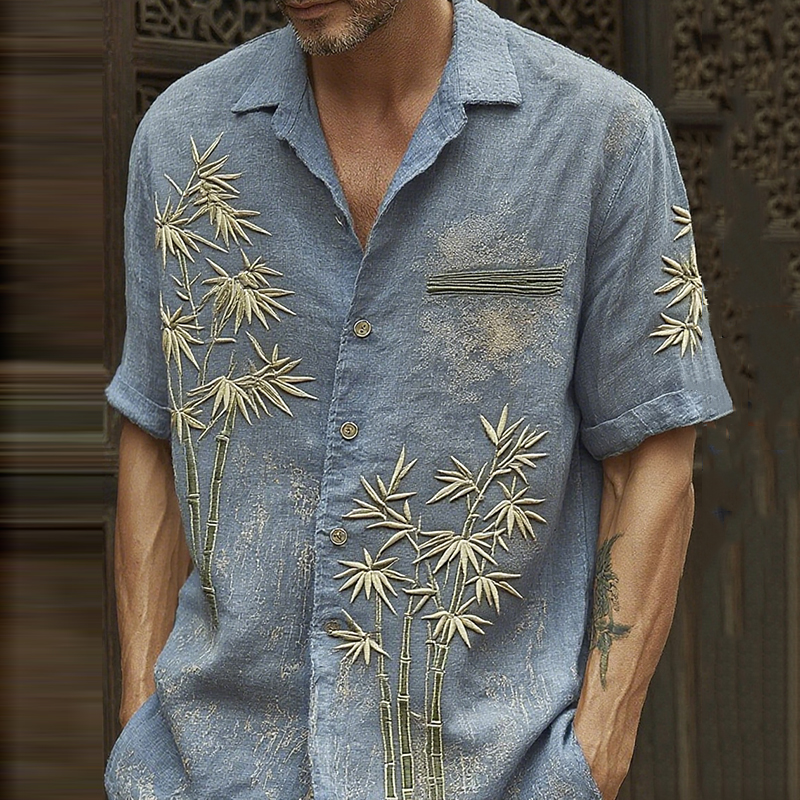 Men's Vintage Bamboo Embroidery Art Short Sleeve Linen Blend Shirt