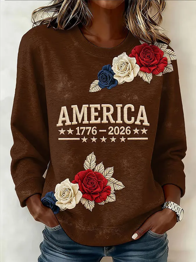 Women'S Retro American Independence Day 250Th Anniversary Printed Round Neck Sweatshirt