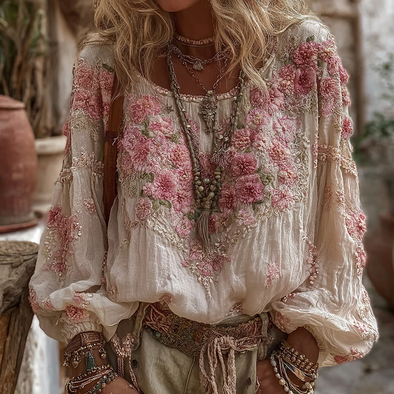 Women's Vintage Floral Embroidery Casual Crew Neck Shirt