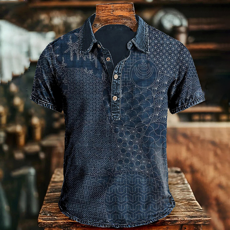 Men's Vintage Traditional Japanese Sashiko Art Polo Shirt