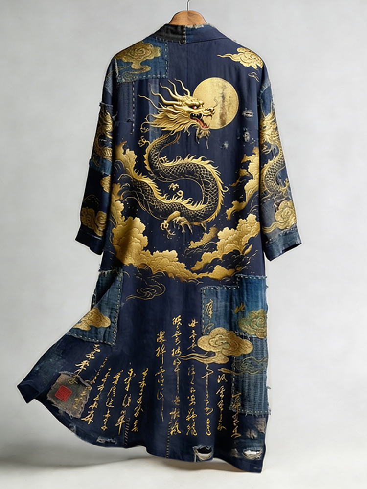 Men's Retro Calligraphy Dragon Art Pattern Linen Blend Kimono