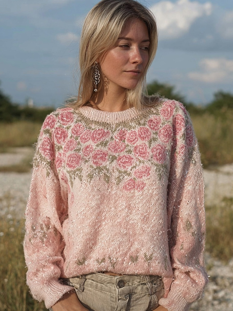 Vintage Boho Roses Pattern Round Neck Comfy Knit Sweater