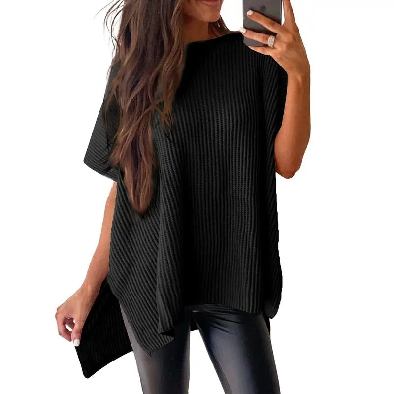 Women’s Oversized Knit Top – Casual Crew Neck Short Sleeve Sweater with Side Slit