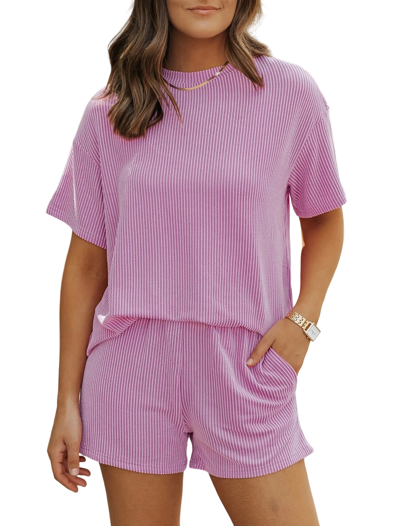 Women's Solid Twisted Ribbed Knit Textured Pocket Shorts Set, Casual Short Sleeve T-shirt & Elastic Waist Shorts