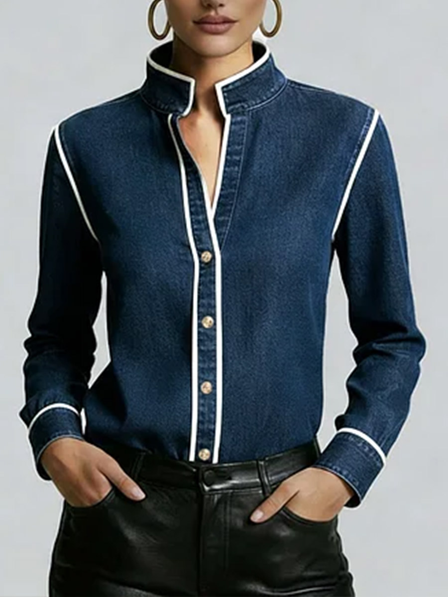 Women's Stand Collar Long Sleeve Casual Loose Denim Shirt