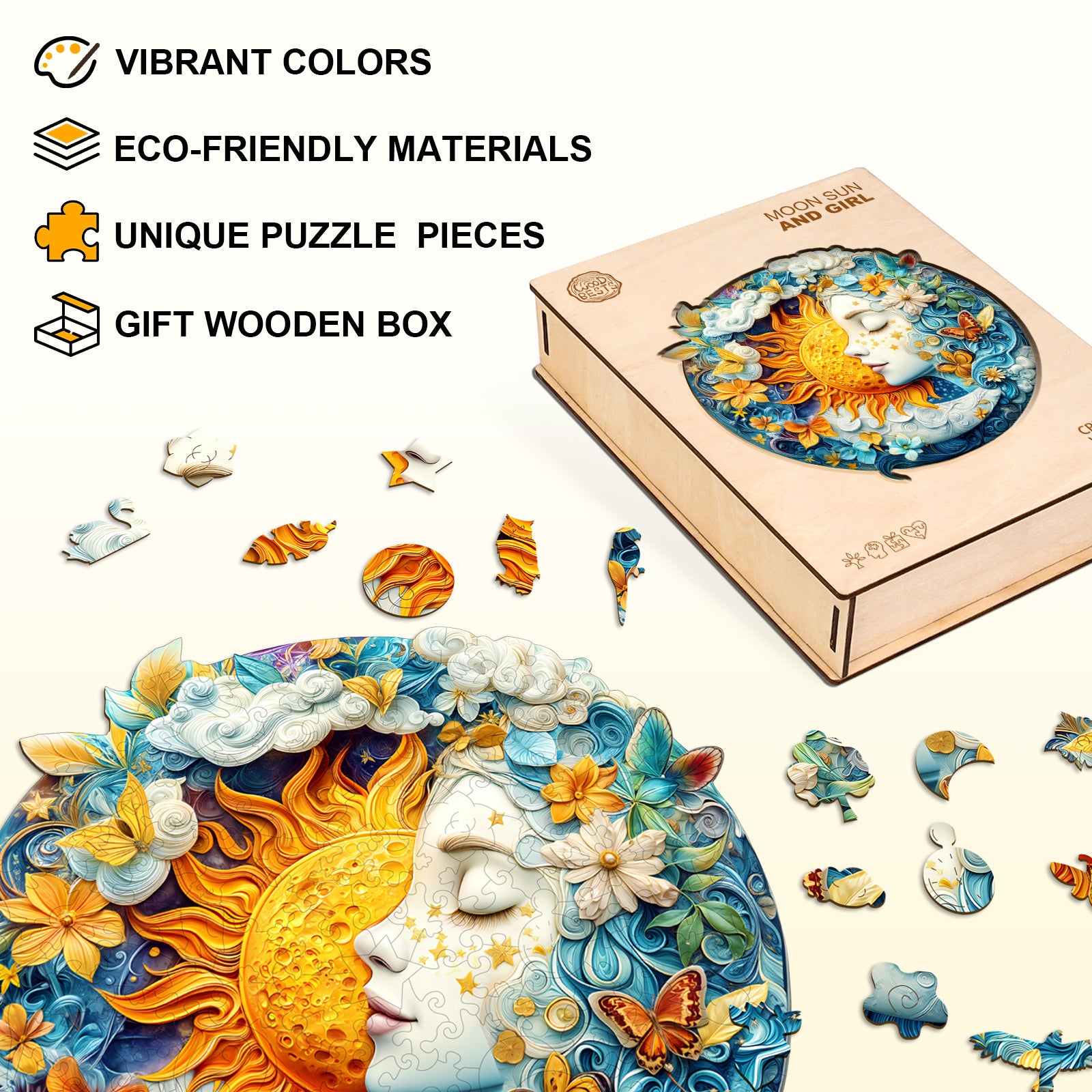 Moon sun and girl Wooden Jigsaw Puzzle