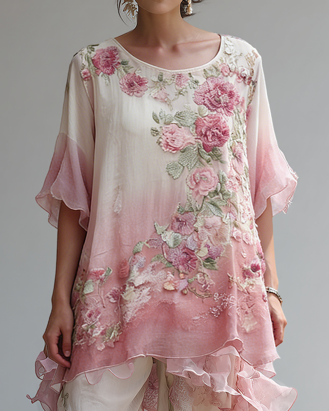 Women's Spring Retro Style Handmade Floral Embroidered Top 3220