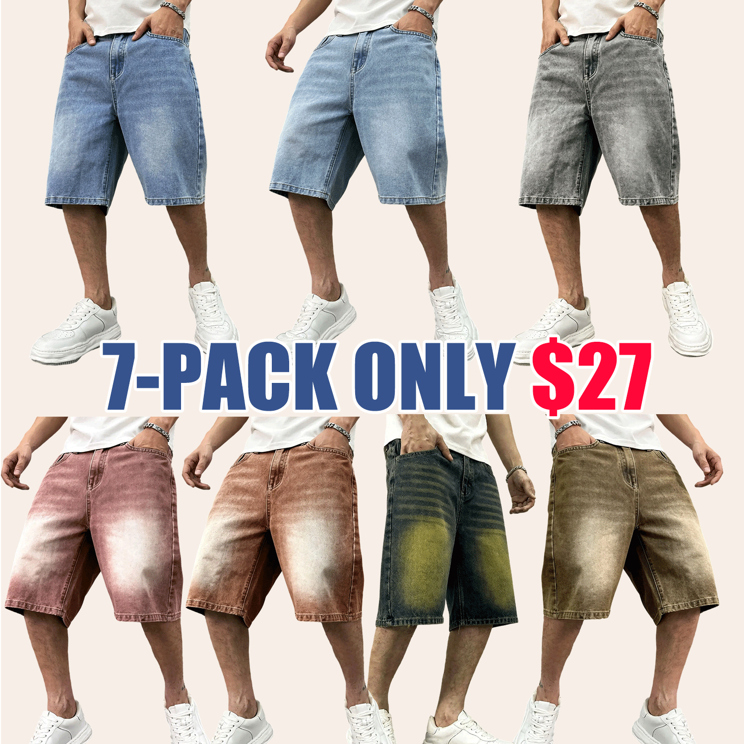 Men's washed retro color denim shorts, trendy, versatile, loose straight-leg casual streetwear denim five-point pants