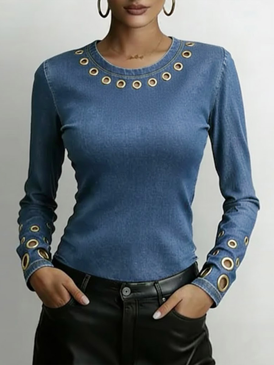 Women's Round Neck Long Sleeve Faux Denim Stretch Casual Loose Denim Top