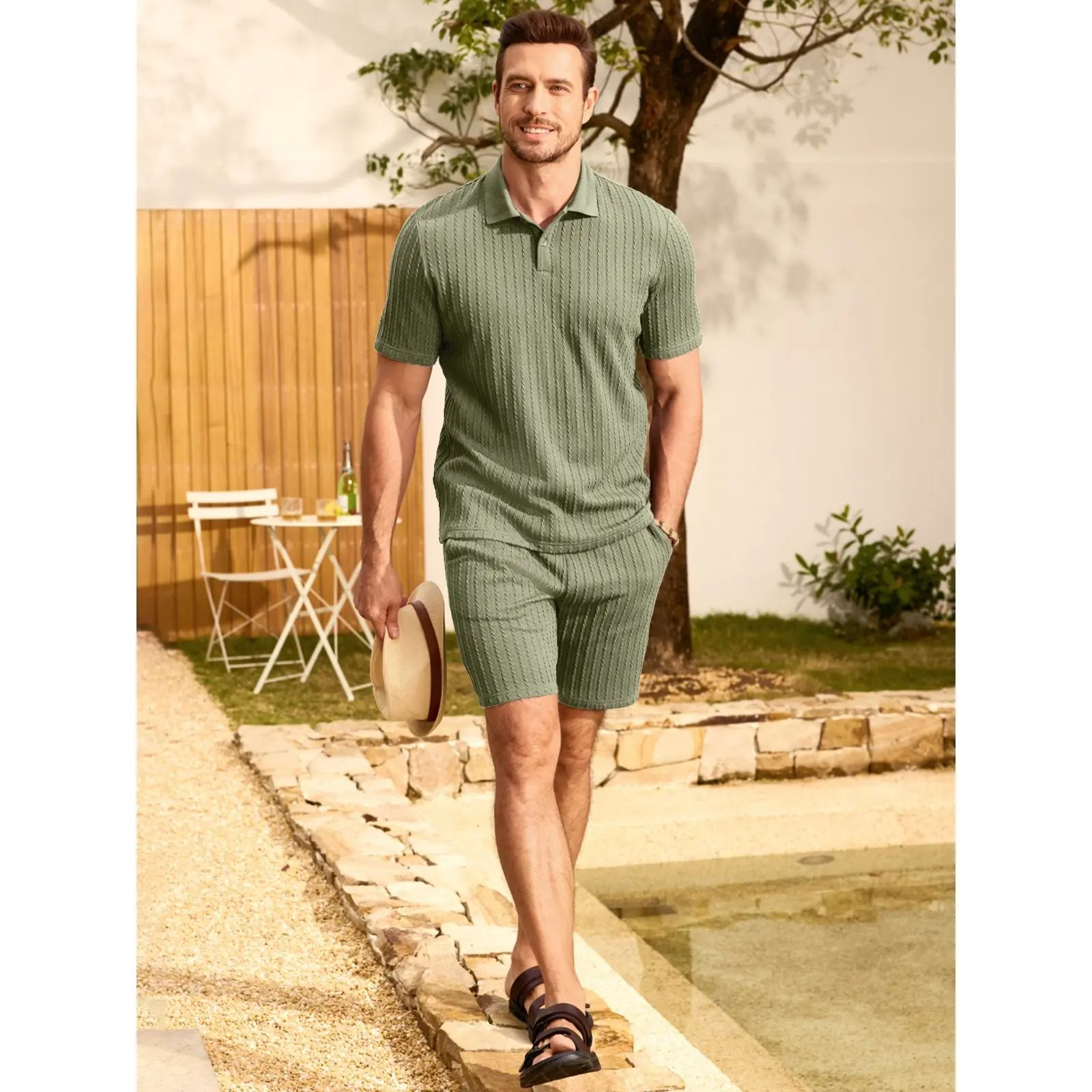 Men 2 Piece Jacquard Knit Lounge Sets Short Sleeve Polo Shirt and Shorts Sets Summer Outfits with Pockets