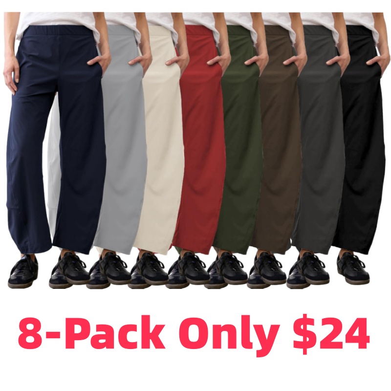 Women Barrel Travel Pants Elastic Waistband Tapered Leg Baggy Mid Rise Work Trousers Lounge Pant with Pockets