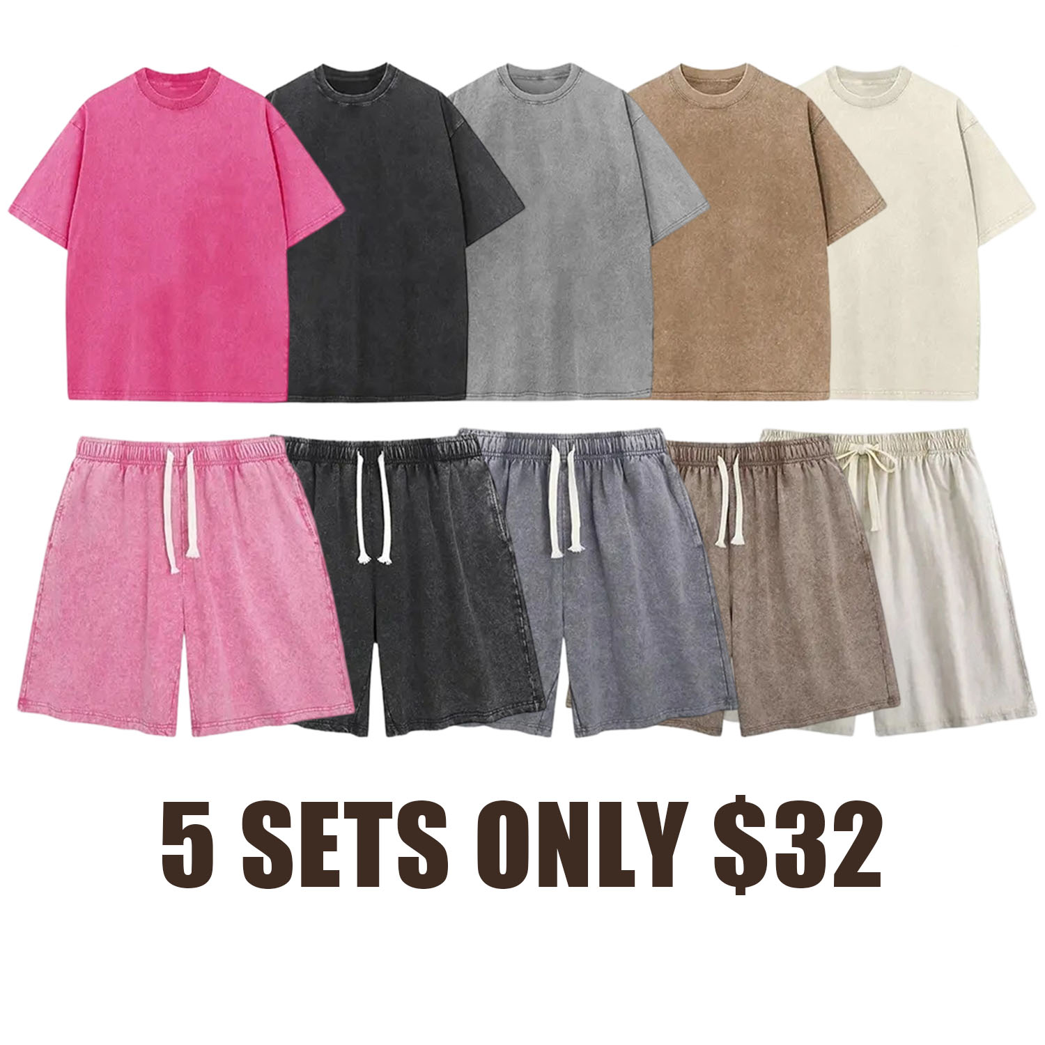 Retro Acid Wash Basic Unisex Tee & Shorts Cotton,7