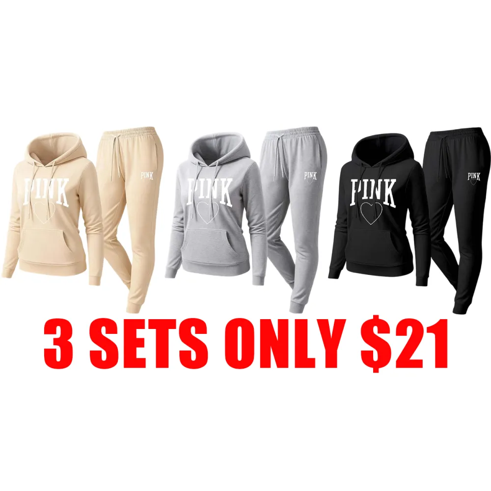 Women’s Pink Heart Print Hoodie & Drawstring Sweatpants Set