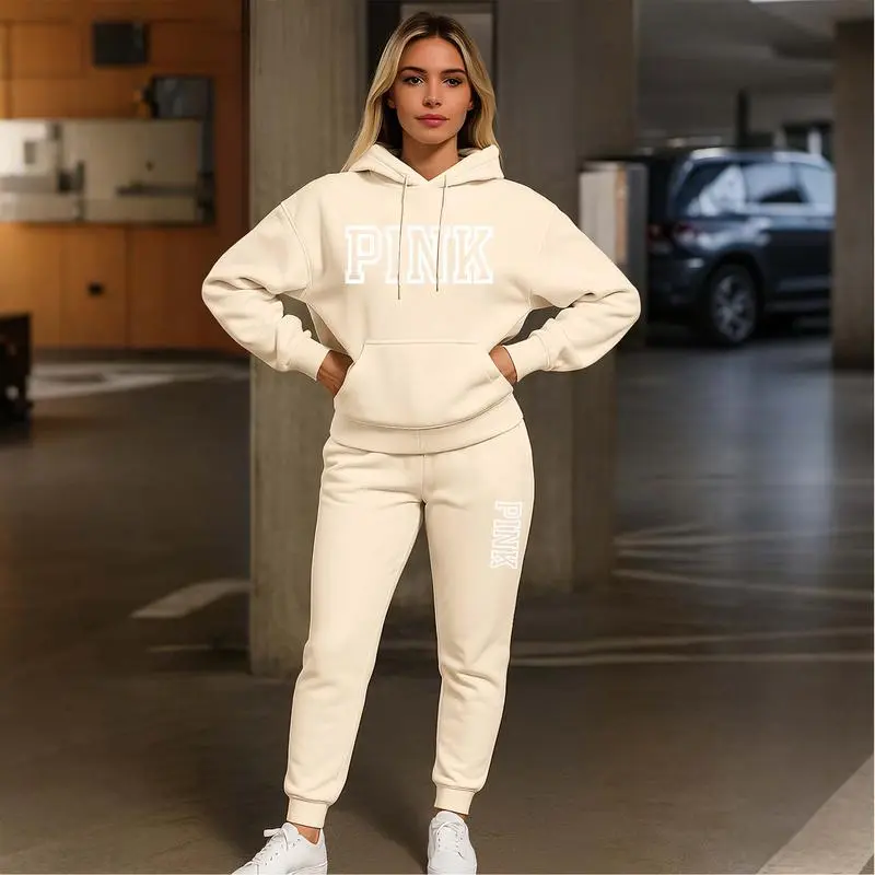 Women's Pink Print Hoodie And Drawstring Track Pants Set