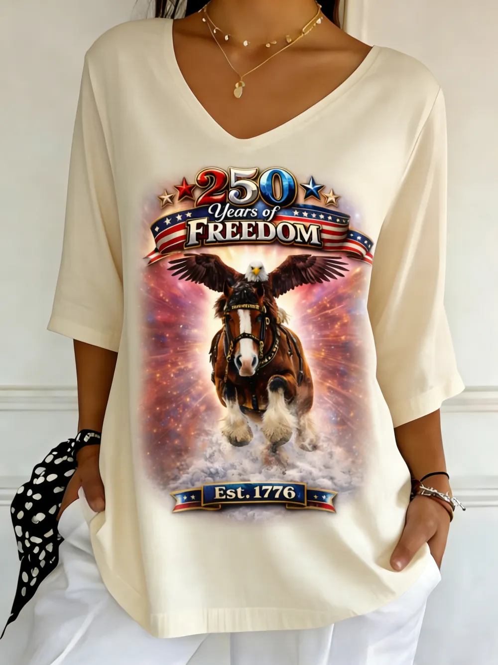 250 Years Of Freedom Patriotic Bald Eagle Clydesdale Horse 1776 Graphic V-Neck Top
