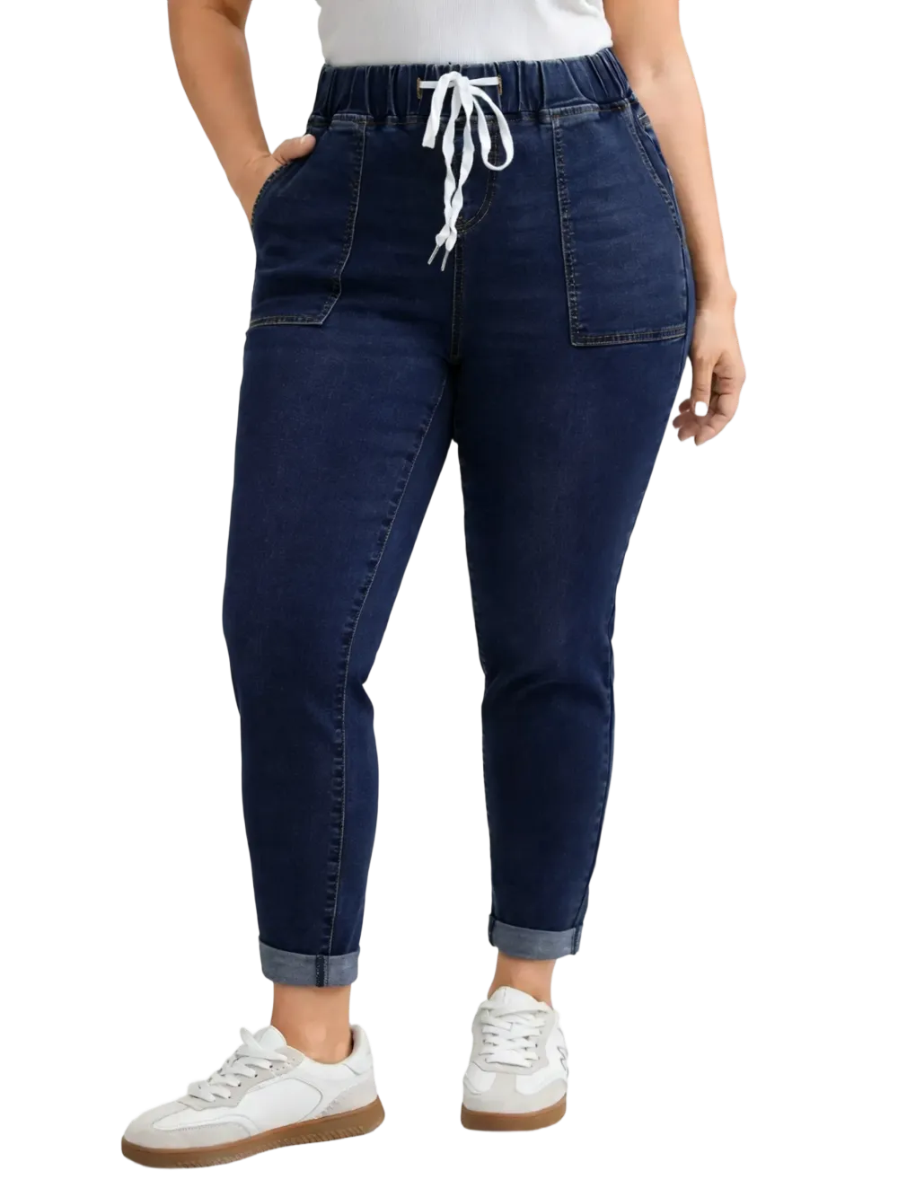 2026 Drawstring Elastic Waist Roll Hem Jeans