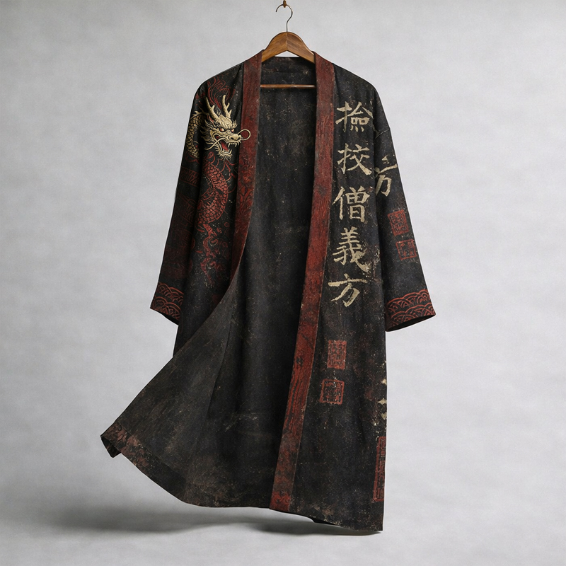 Men's Retro Calligraphy Dragon Art Pattern Linen Blend Kimono