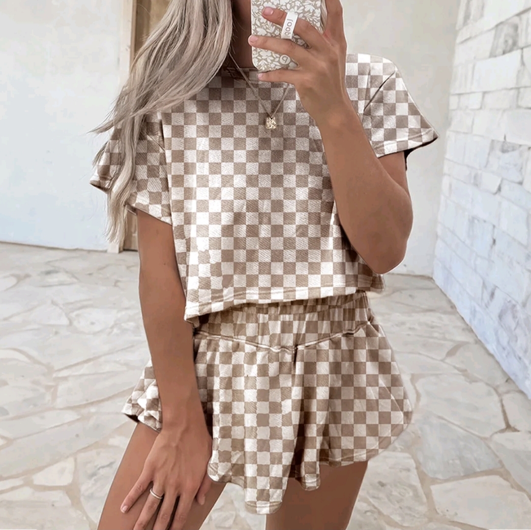 Women's Two Piece Set, Checkerboard T Shirtand Ruffle High Waist Skort Set,2025 SummerCasual Sets for Daily Wear