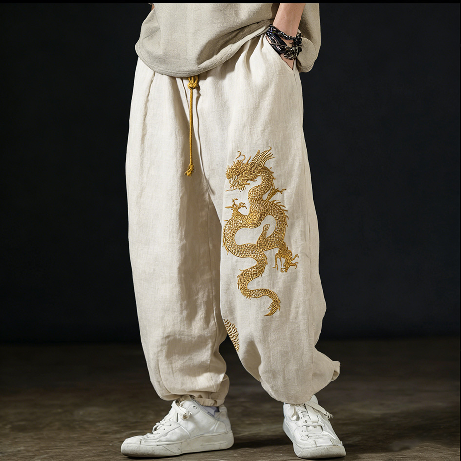 Men's Casual Cotton And Linen Wide-leg Pants With Dragon Patterns And Embroidered Floral Patterns