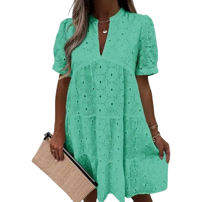 💖Wenrine Women’s Summer Lace Dresses Eyelet Casual Flowy Babydoll Swing Short Sleeve V Neck Tunic Dress