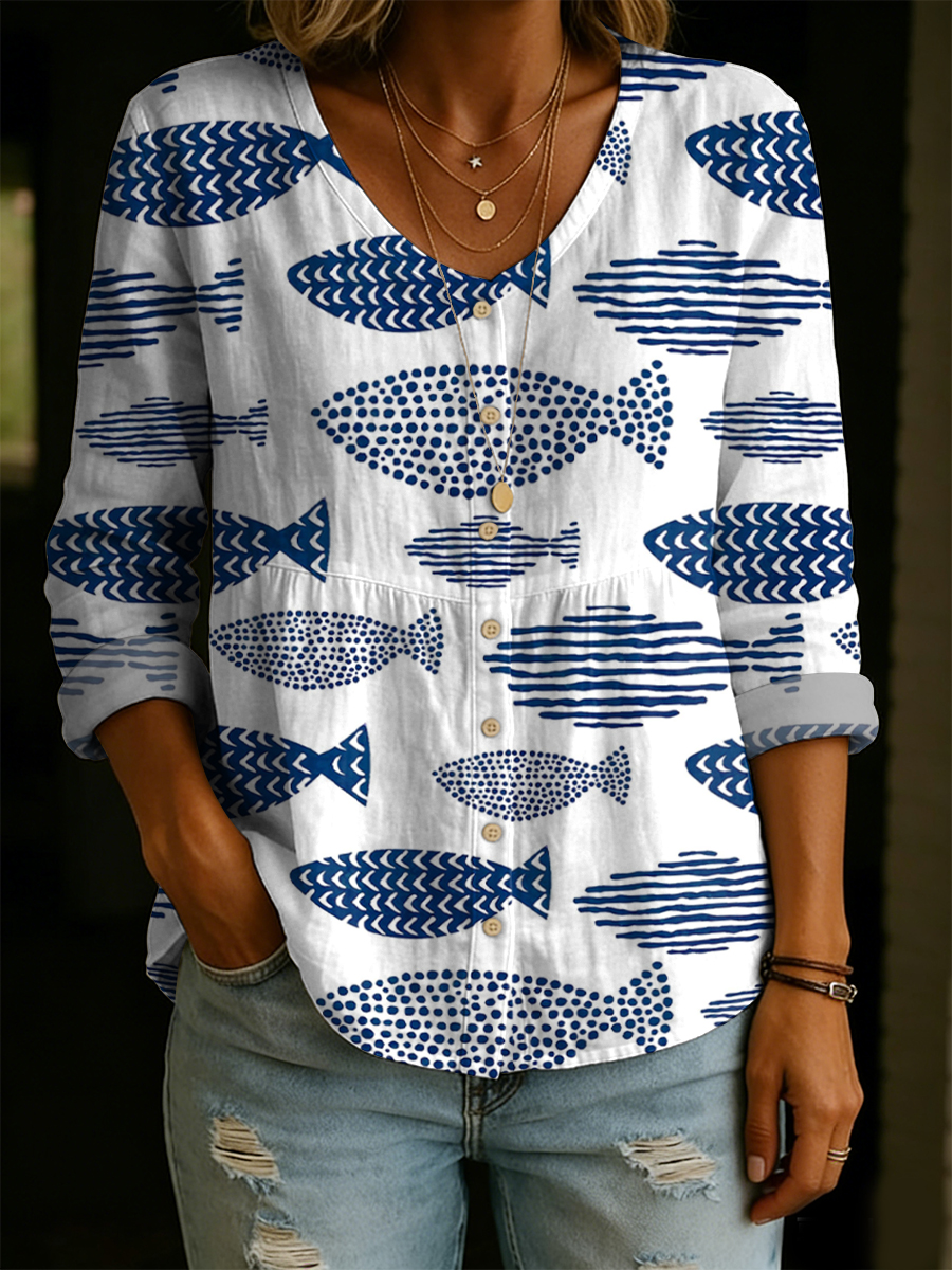 Women's Fish Decorative Pattern Linen And Cotton Shirt