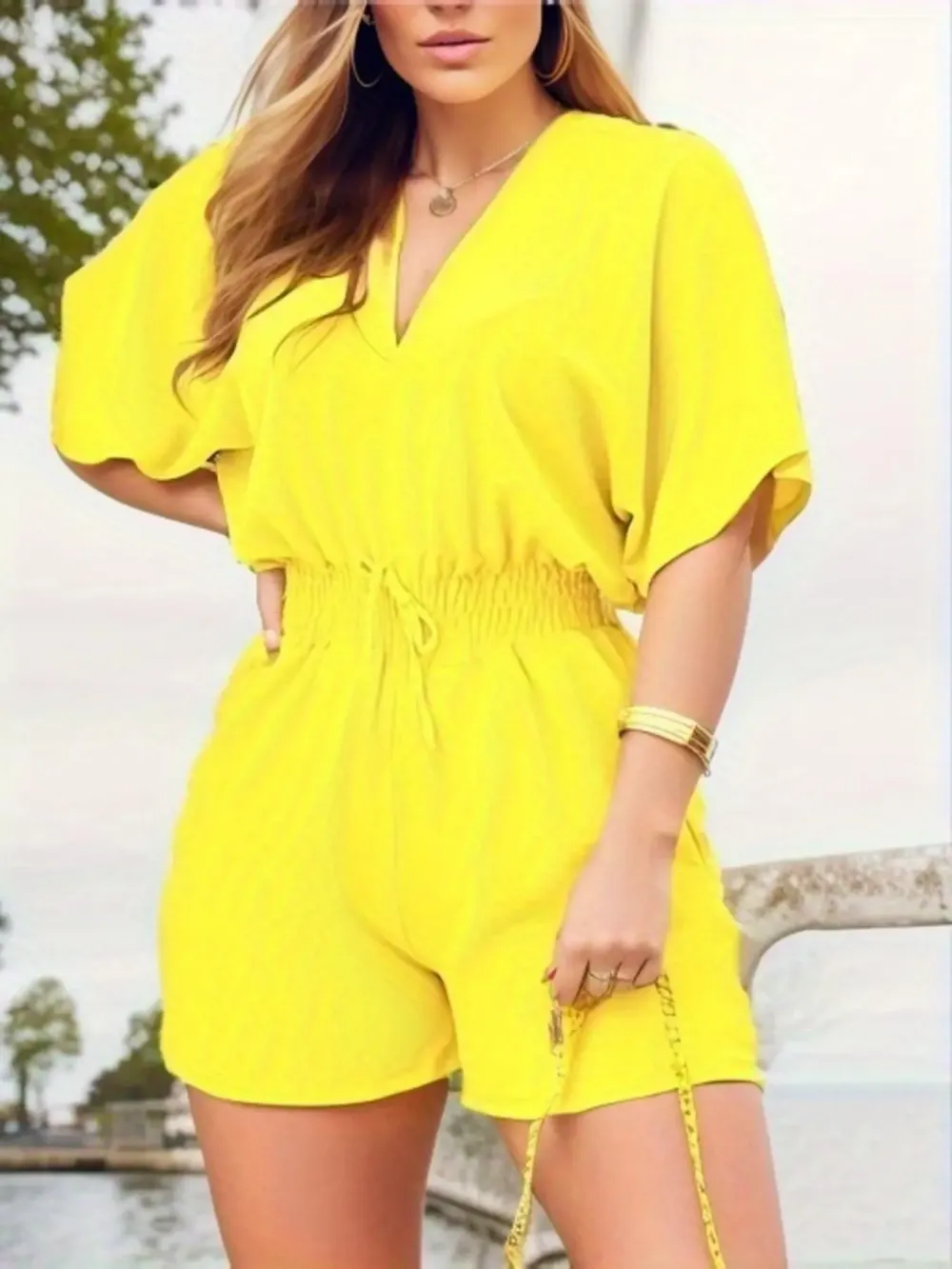 Women’s V-Neck Shirred Waist Summer Romper