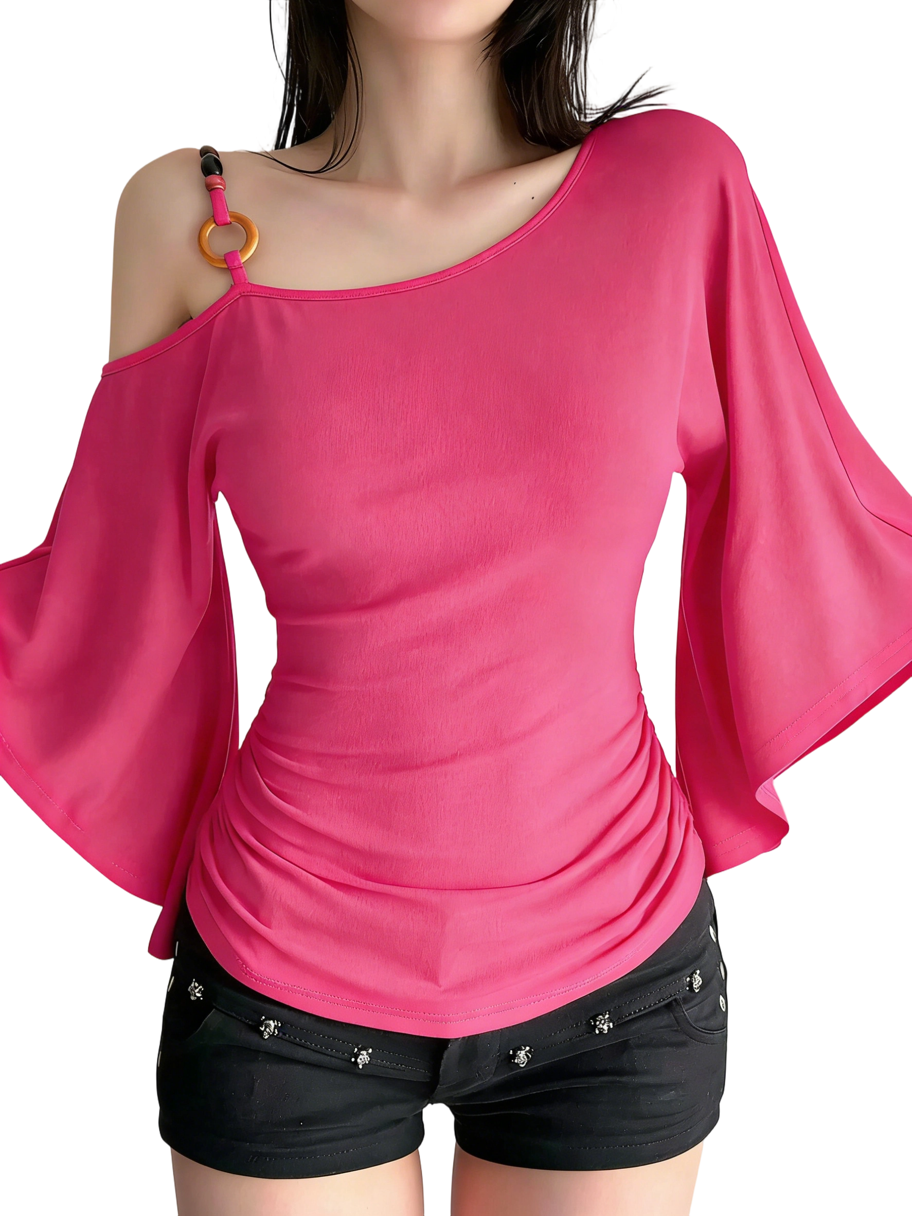 Women’s Retro Ethnic Beaded Asymmetrical Shoulder Flounce Sleeve Flared Top