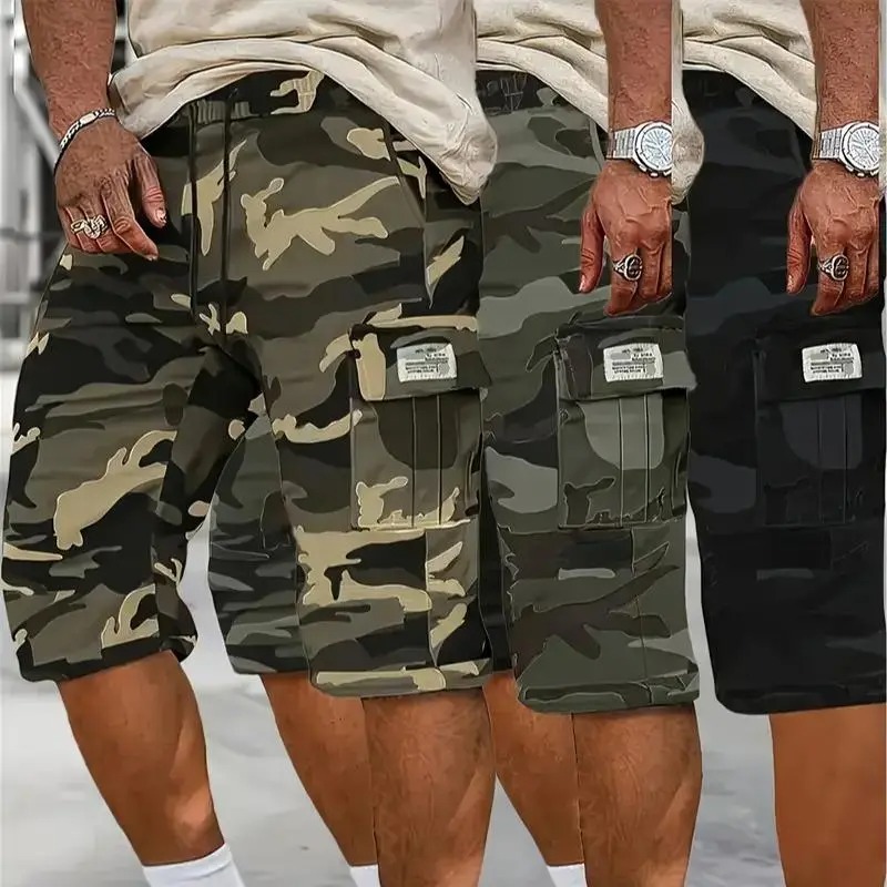 Camouflage Twill Pocket Shorts Men's Casual Khaki Green Black Trousers Suitable For Daily Wear Outfit