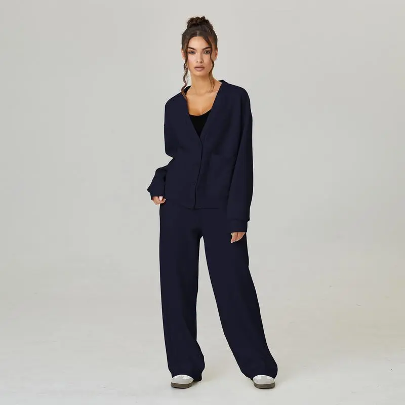 Women's Slouchy Solid Color V Neck Long Sleeve Button Cardigan & Drawstring Waist Trousers Co-ord