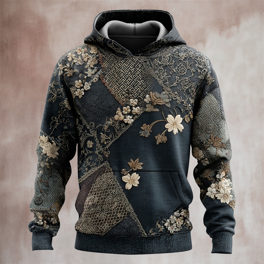 Japanese Floral Patchwork Art Men's Hooded Sweatshirt