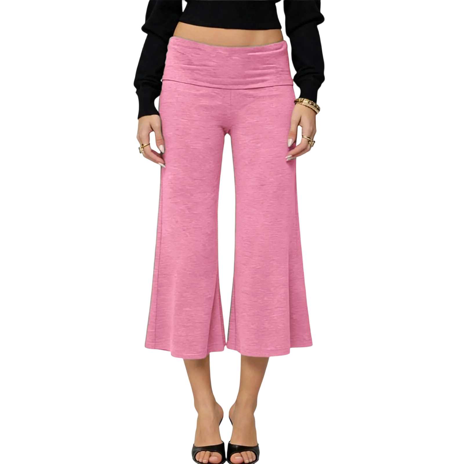 Casual Wide-Leg Culottes for Women - Fold-Over Waist Cropped Pants