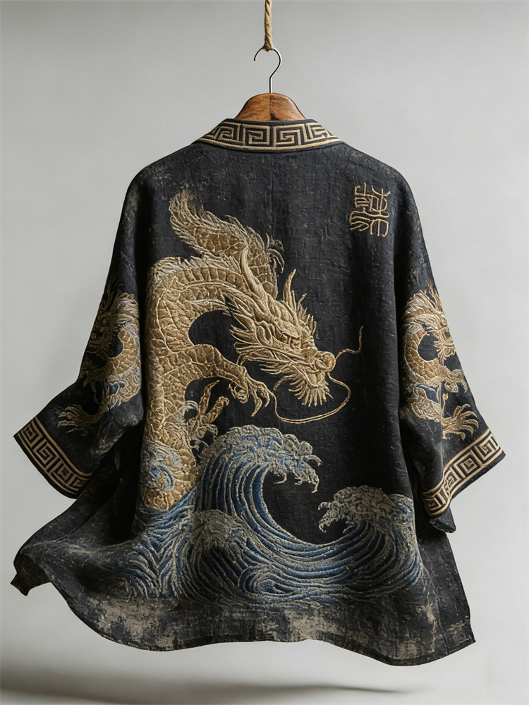 Japanese Dragons & Sea Waves Art Flowy Linen Kimono