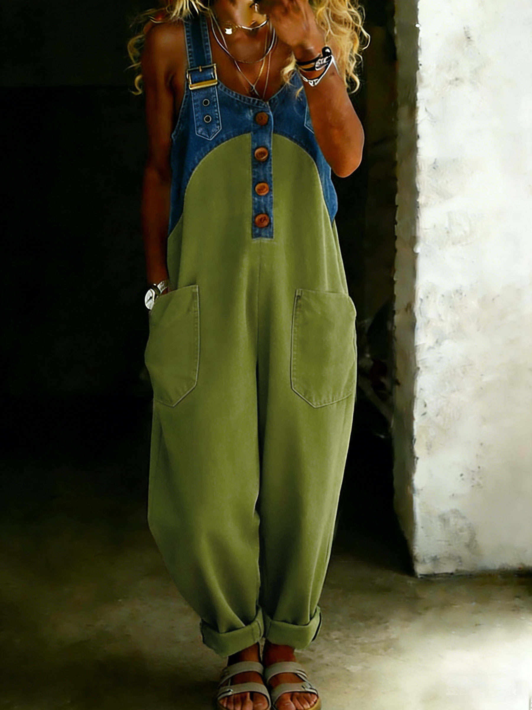 Women’s Casual One Piece Denim Denim Patchwork Jumpsuit