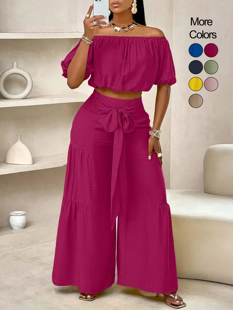 Women's Solid Color Top & Wide Leg Pants Set, Casual Off Shoulder Top & Palazzo Pants for Summer, Ladies Clothes for Beach Holiday Vacation, Womenswear