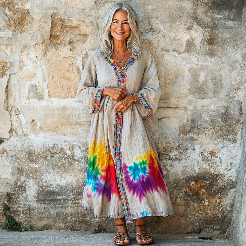 Vintage Loose Linen Patchwork Dress 96fe