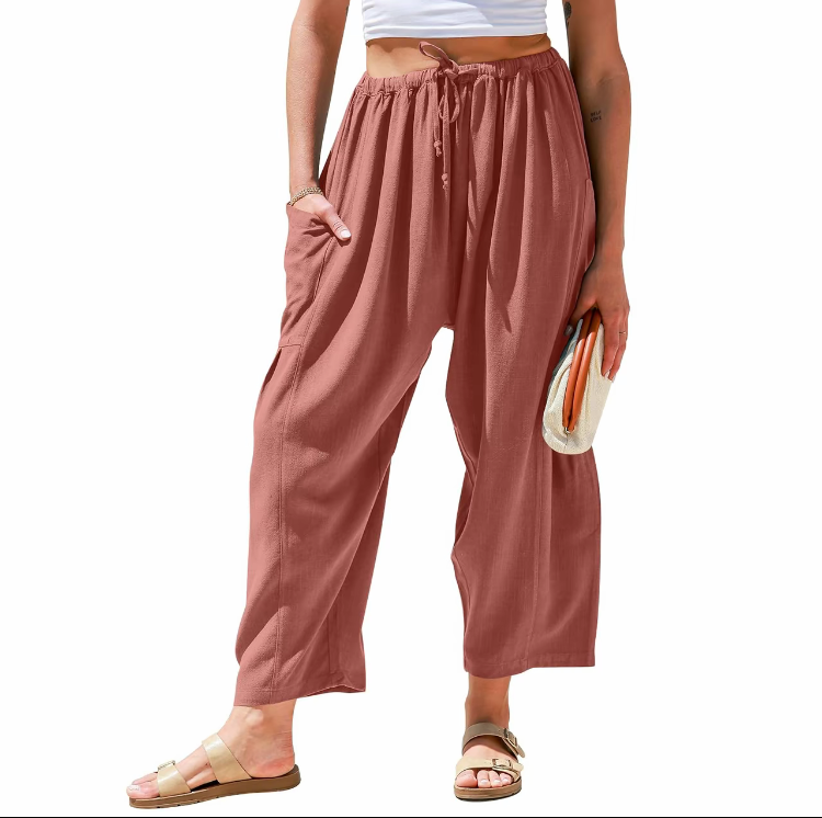 Women's Linen Casual Loose Fit Beach Palazzo Harem Trousers with Pockets