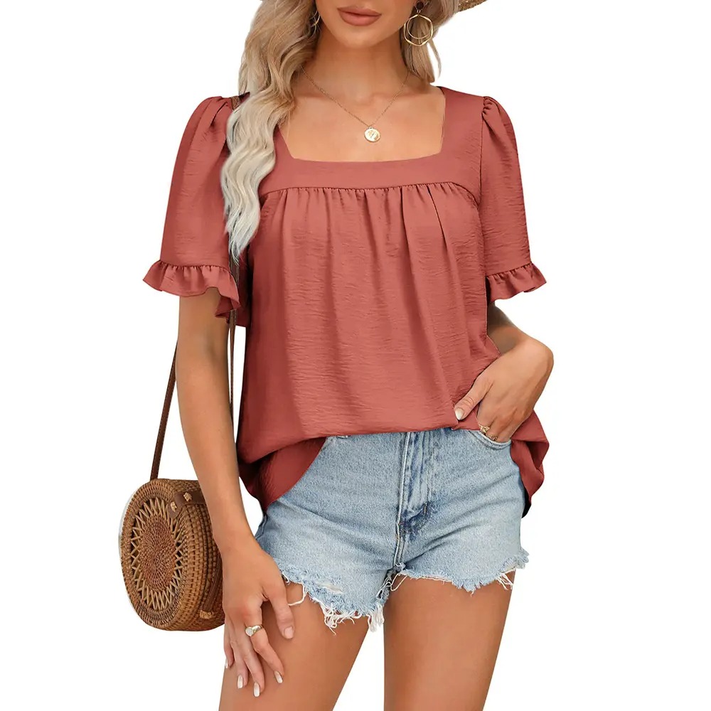 Women's Cottagecore Coquette Blouse - Square Neck Peplum Top with Ruffle Sleeves